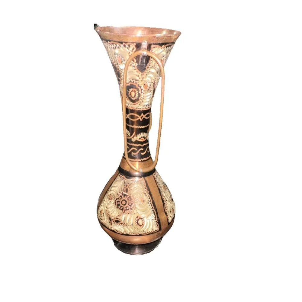 3/Antique Turkish Copper Vase with Carvings, Textured Abstract Art Design 10''